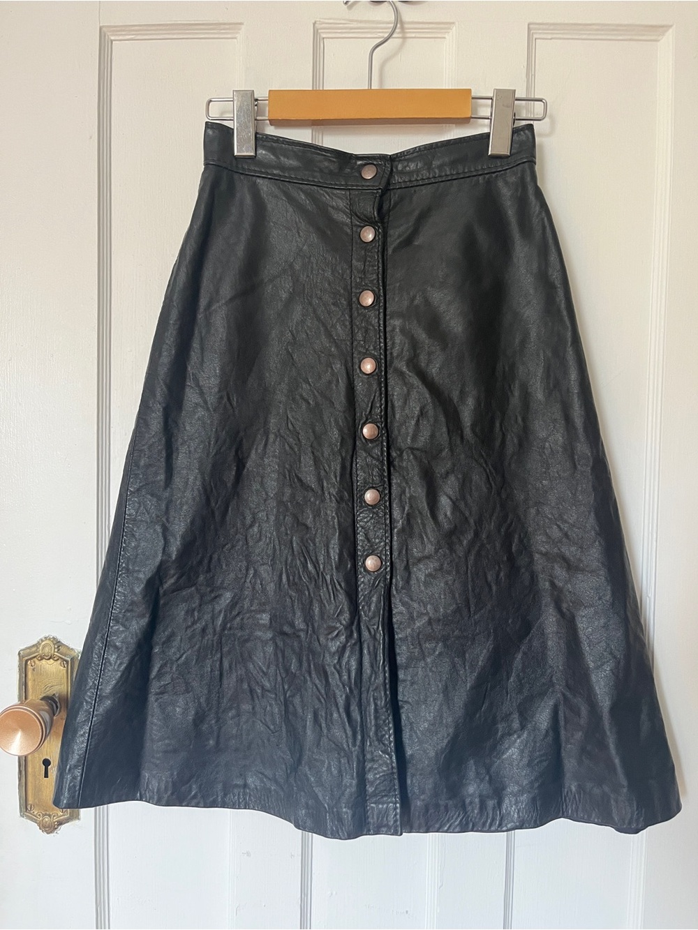 Black 100% leather snap front A-line  skirt maximalist goth elevated wardrobe